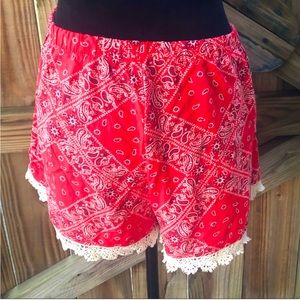 No Boundaries Red Bandanna Style Drawstring Shorts with Cream Lace Detail